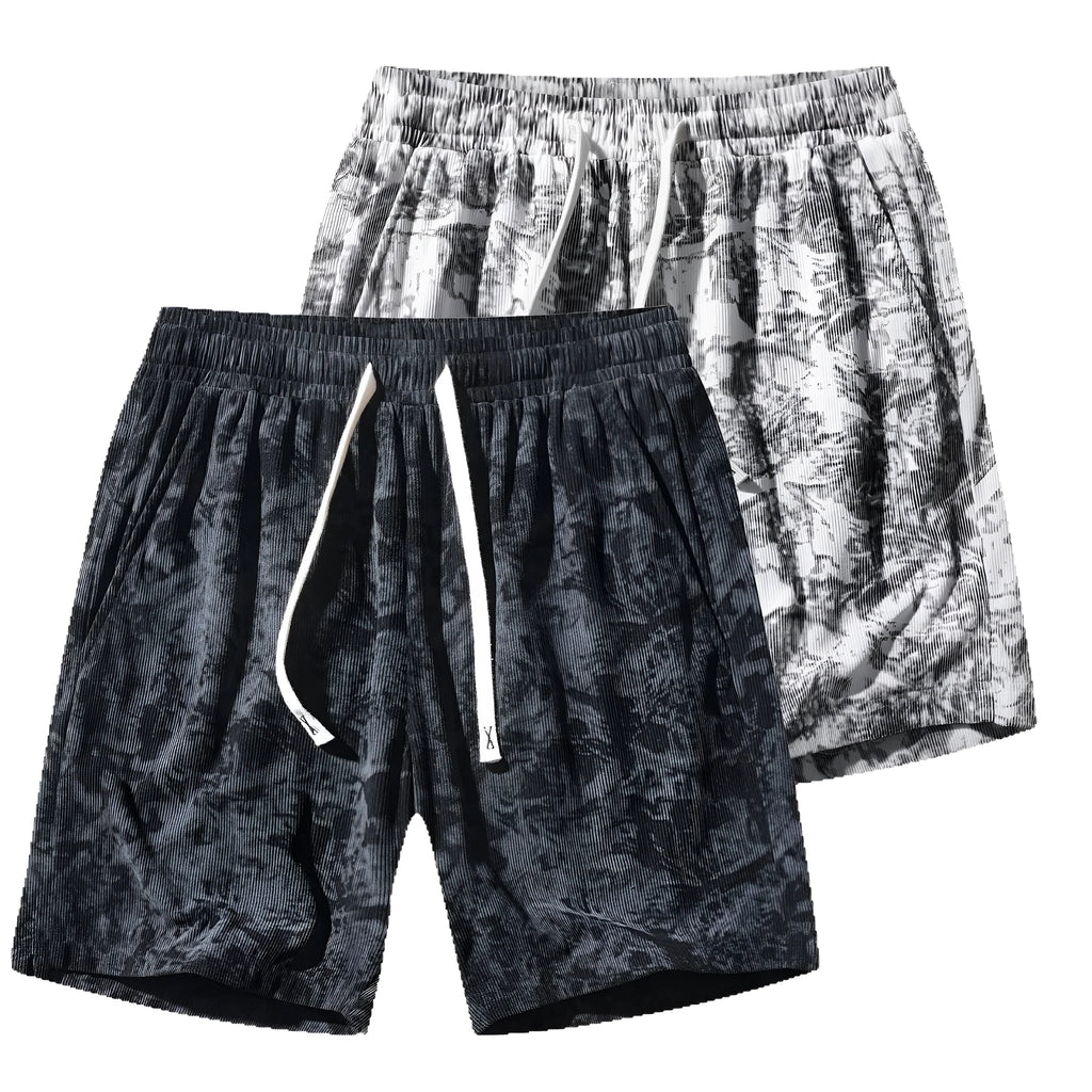 Men's camouflage pattern athletic shorts in corduroy fabric with straight leg cut and high waist