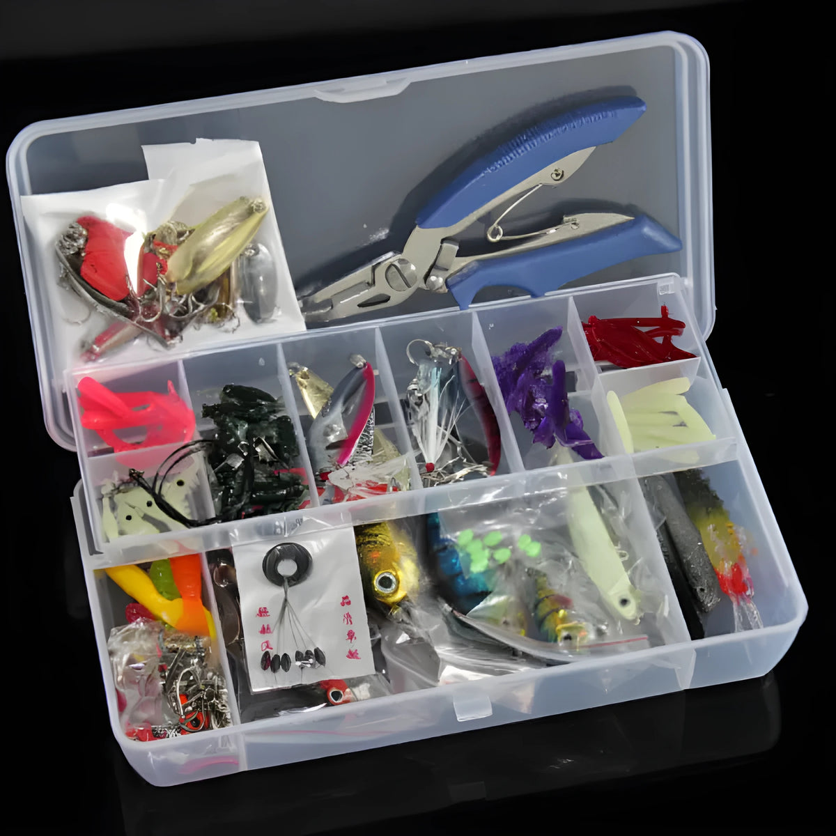132-piece fishing lure suit set in rose red treasure colour with plastic and high carbon steel construction