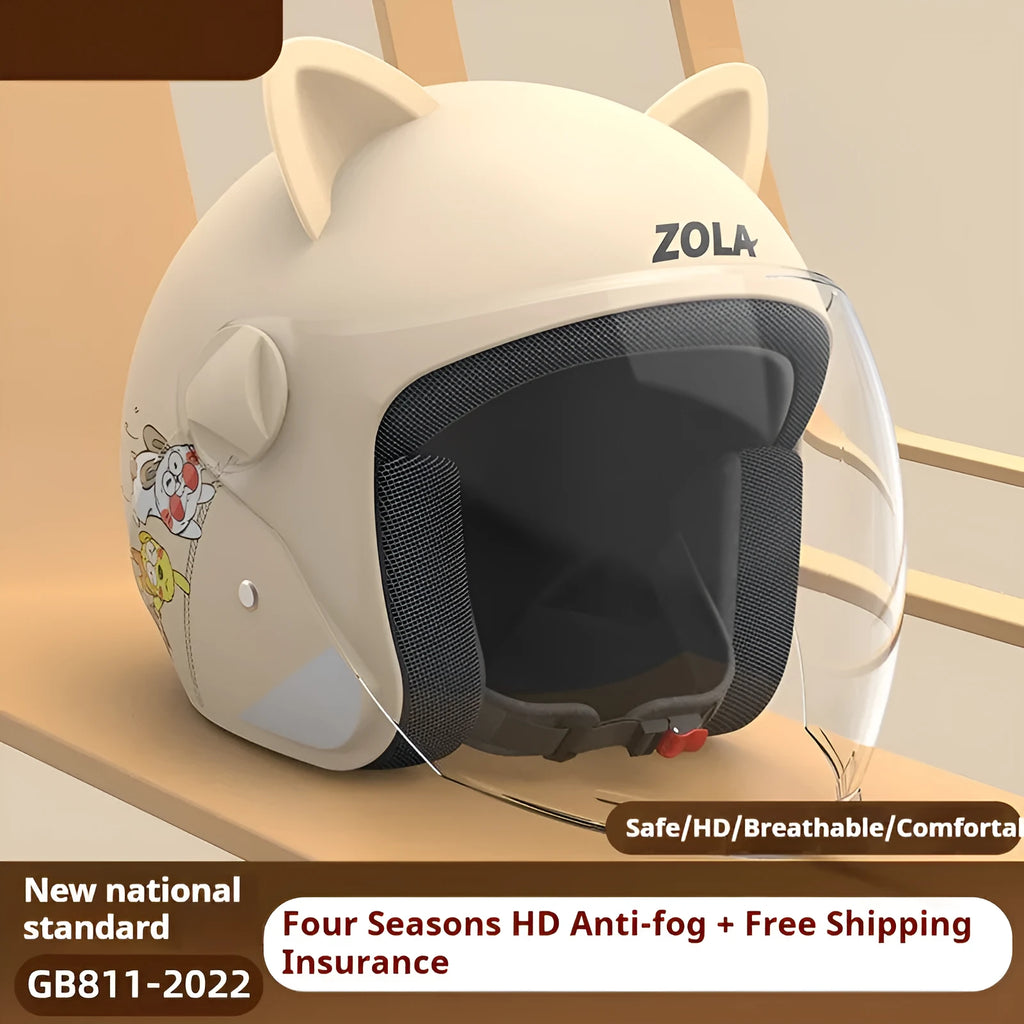 Blue electric bicycle helmet with a built-in neck scarf and a clear anti-fog visor lowered.