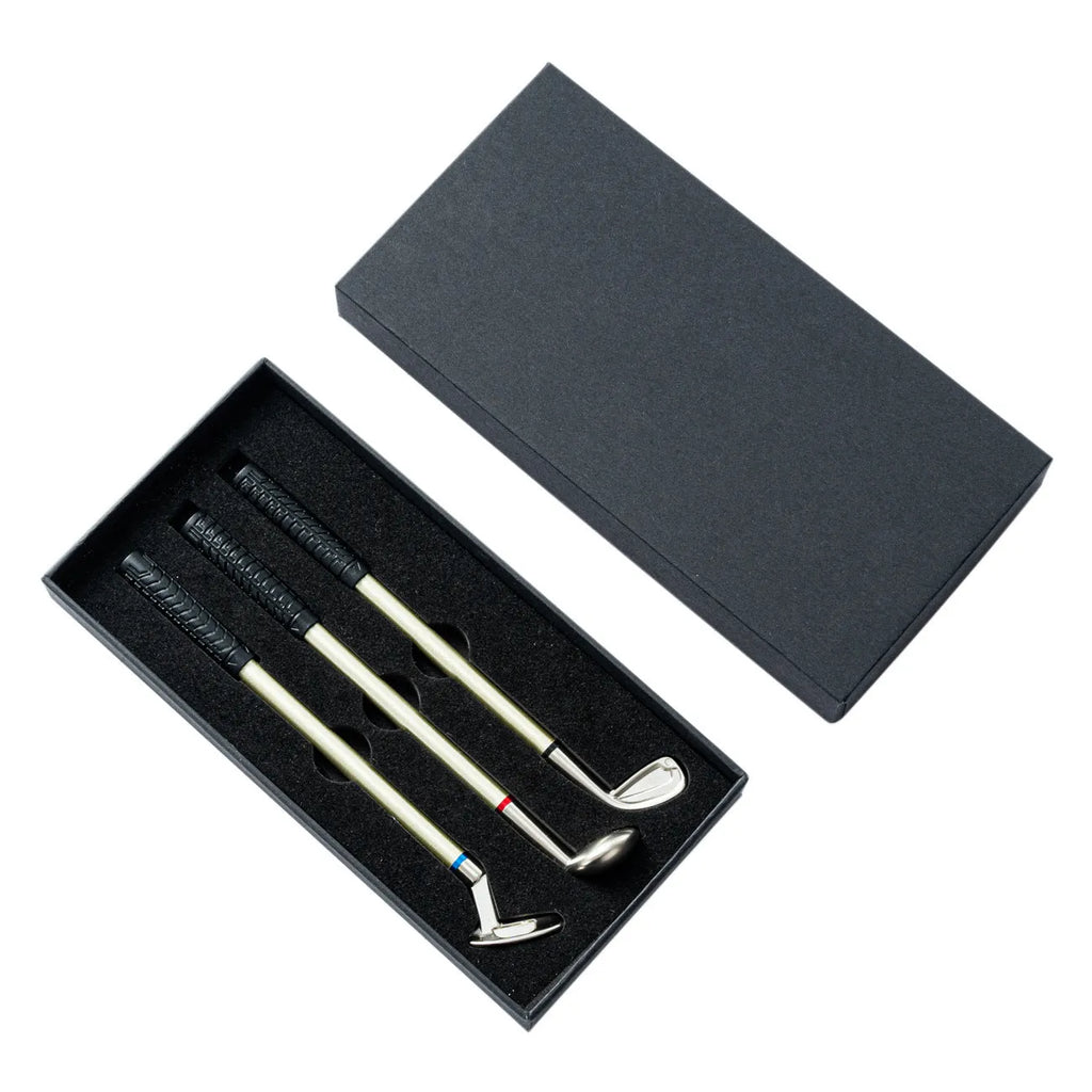 Three metal ballpoint pens with golf suit pattern design showing 0.7mm bullet-type pen heads