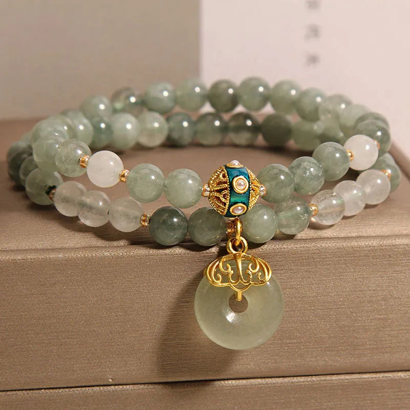 Women's double-layer aventurine crystal bracelet with oil green stones and rhinestone decoration