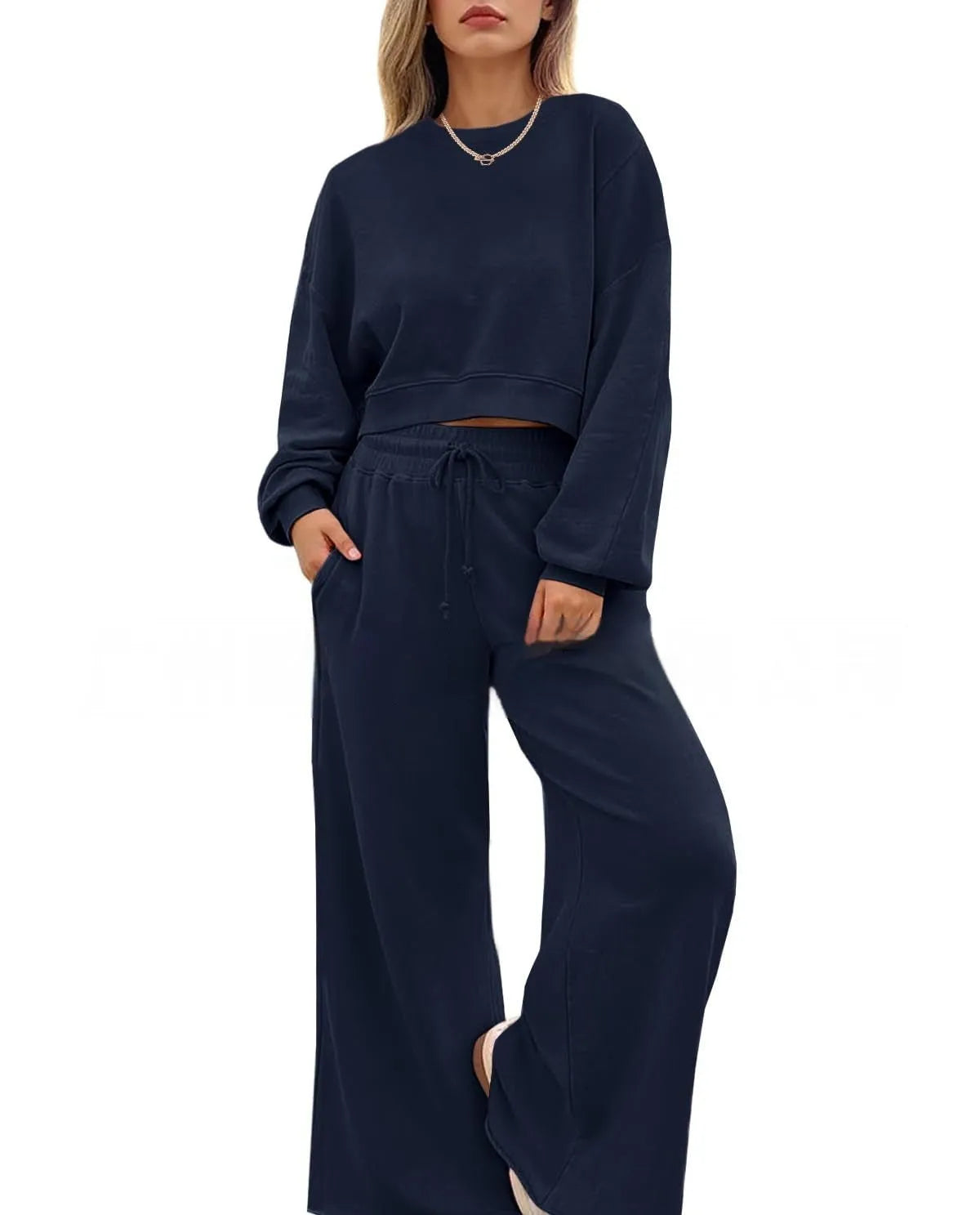 Women's solid colour casual two-piece set with long sleeves top and trousers in street hipster style