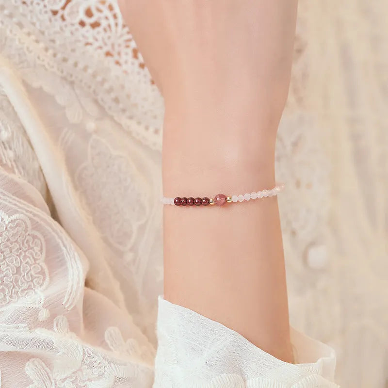 Handmade women's 2mm pink crystal strawberry quartz bracelet in 14cm, 15cm, or 16cm without tail chain