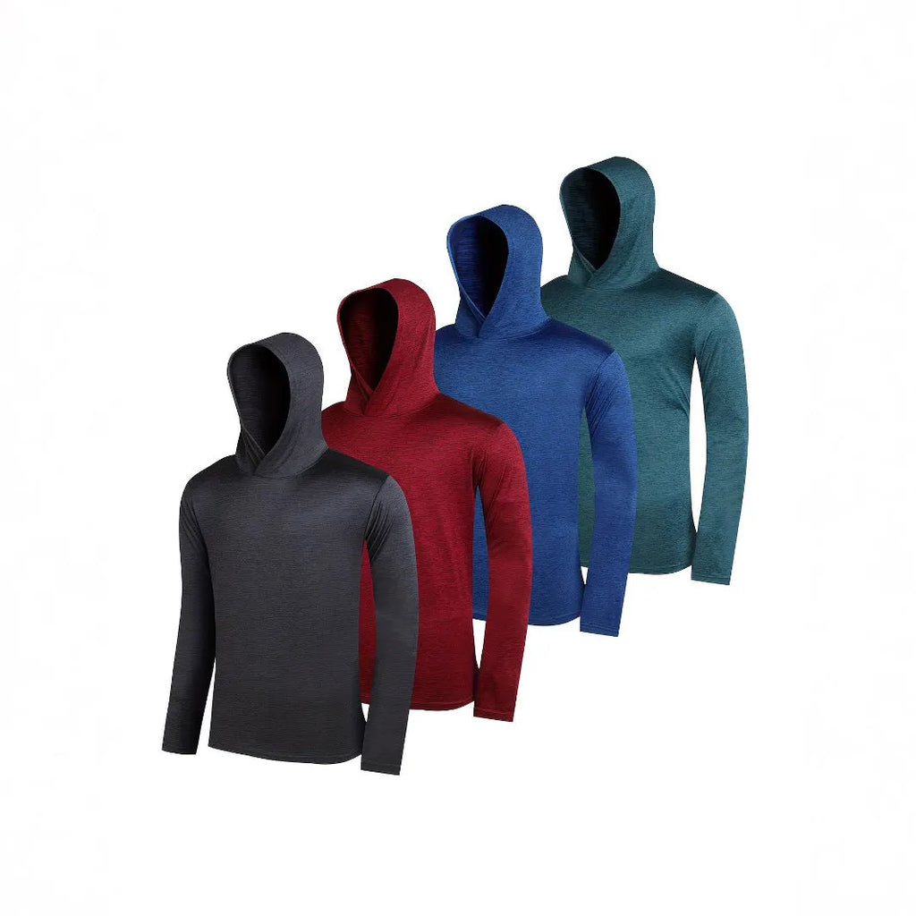 Set of four men's lightweight polyester hoodies on a hanger, showing colour options and style with hat.