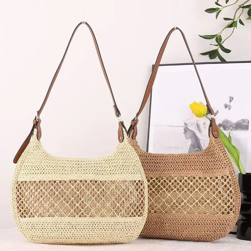 Women's straw cross body bag in khaki colour with horizontal square design and sandwich pocket