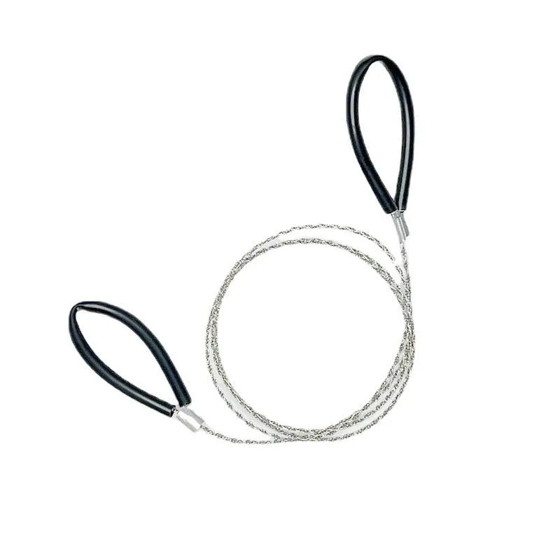 Four-share stainless steel wire survival saw with leather hand case showing 68cm cutting line
