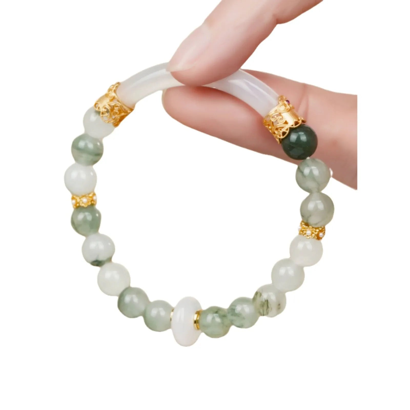Light green Tian Shan Cui jade women's half bracelet with floating flower girl design in Chinese folk style.