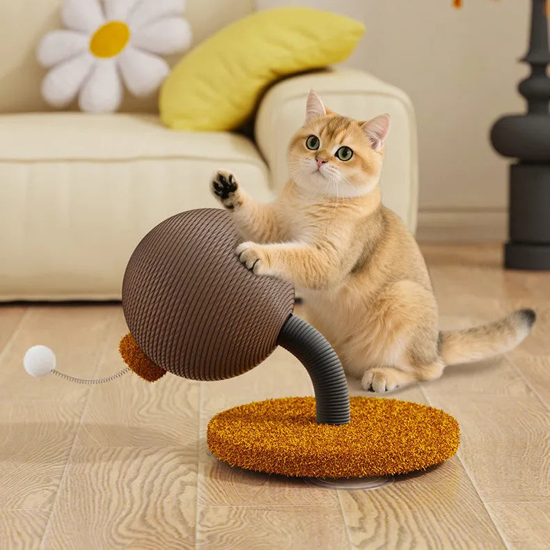 Jute rope cat scratching post with integrated catnip ball, available in large and small sizes.