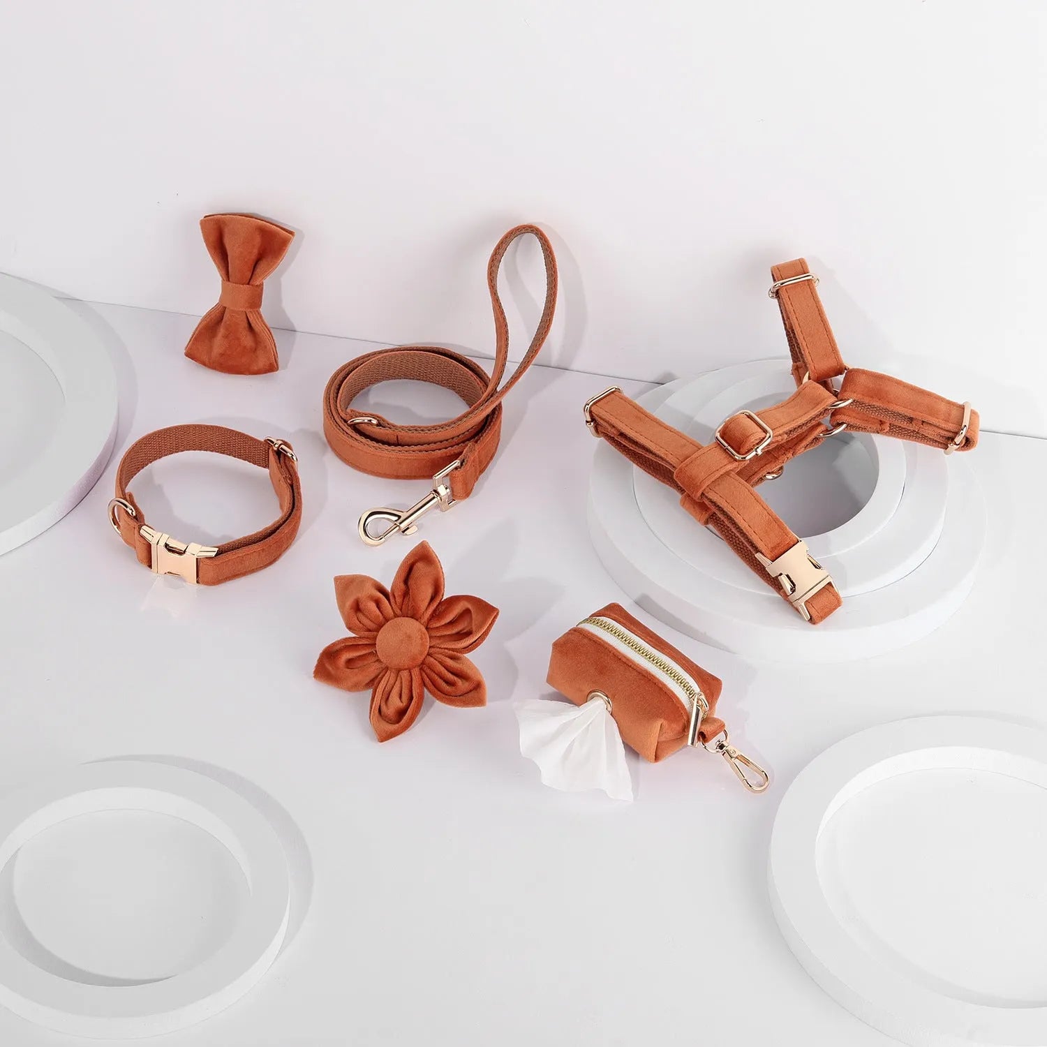 Complete velvet dog collar and traction rope set with bow tie, flower, and toilet bag on a table