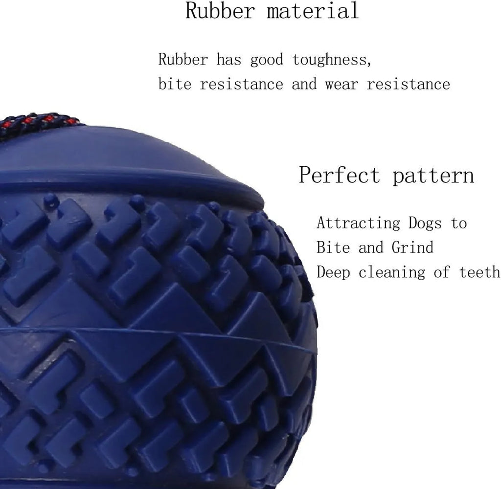 Blue dog ball with rope toy showing natural rubber ball and rope handle for medium and small dogs