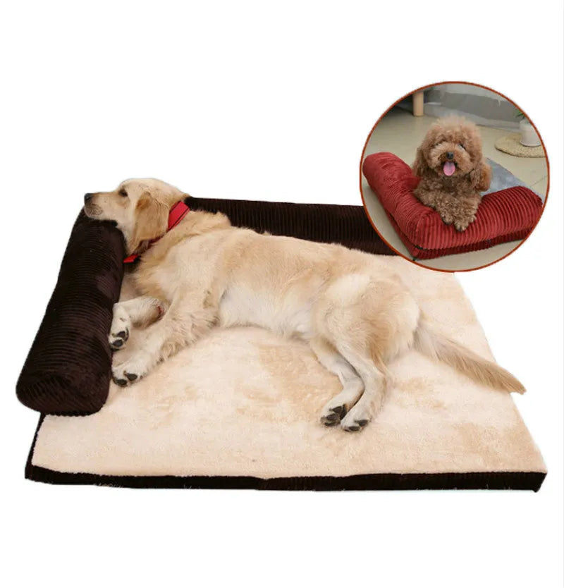 Grey corduroy dog sofa bed with bilateral bolsters on a wooden floor.