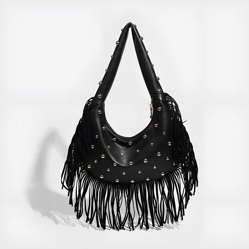 Retro black shoulder handbag with a long tassel and a wine red colour option, shown with internal phone pocket.