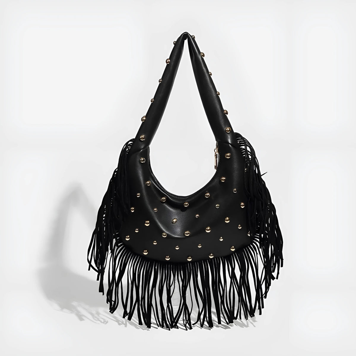Retro black shoulder handbag with a long tassel and a wine red colour option, shown with internal phone pocket.