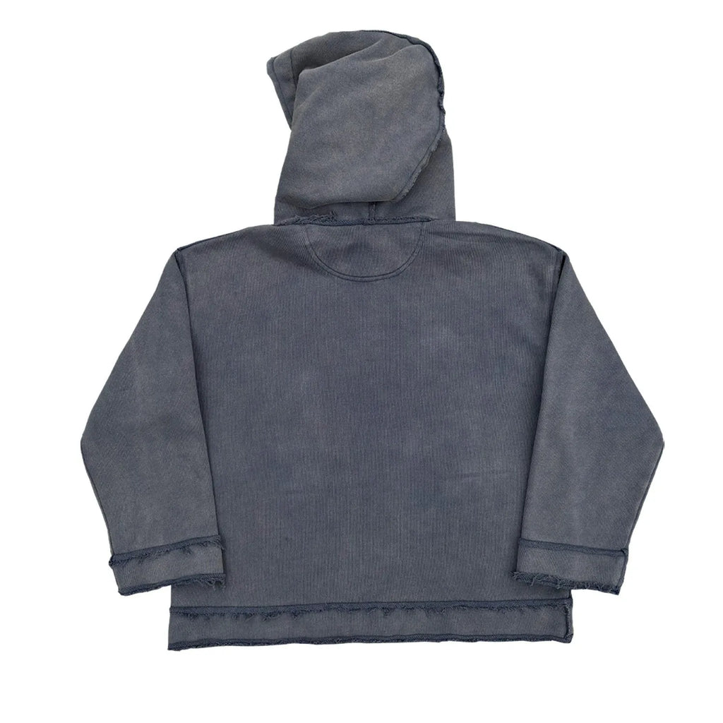 A dark blue oversized cotton blend hoodie sweatshirt with a fleece lining, shown on a hanger.