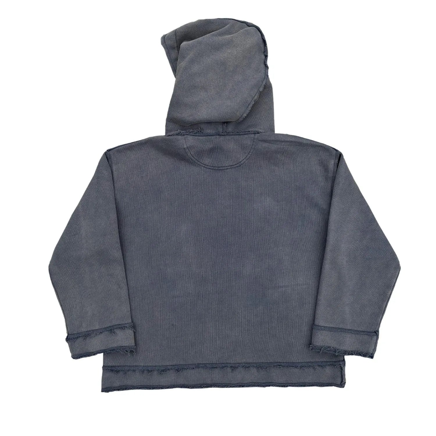 A dark blue oversized cotton blend hoodie sweatshirt with a fleece lining, shown on a hanger.