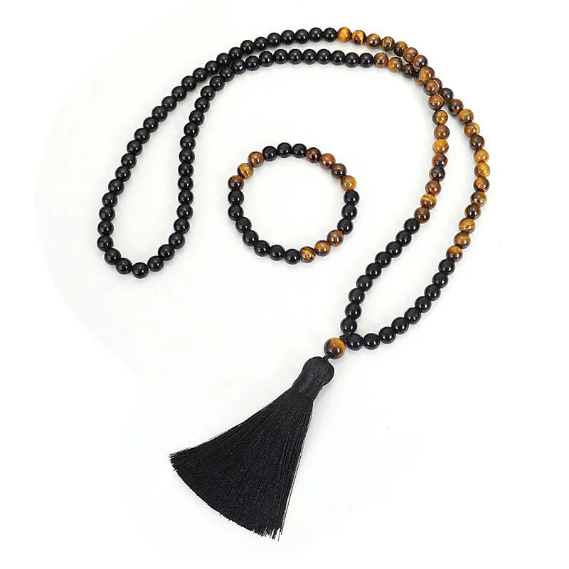 Handmade tiger eye stone necklace with brass tassel charm on ball bead chain