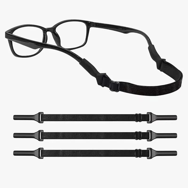 Black adjustable glasses retention cord with silicone end pieces shown in adult and children's sizing variants