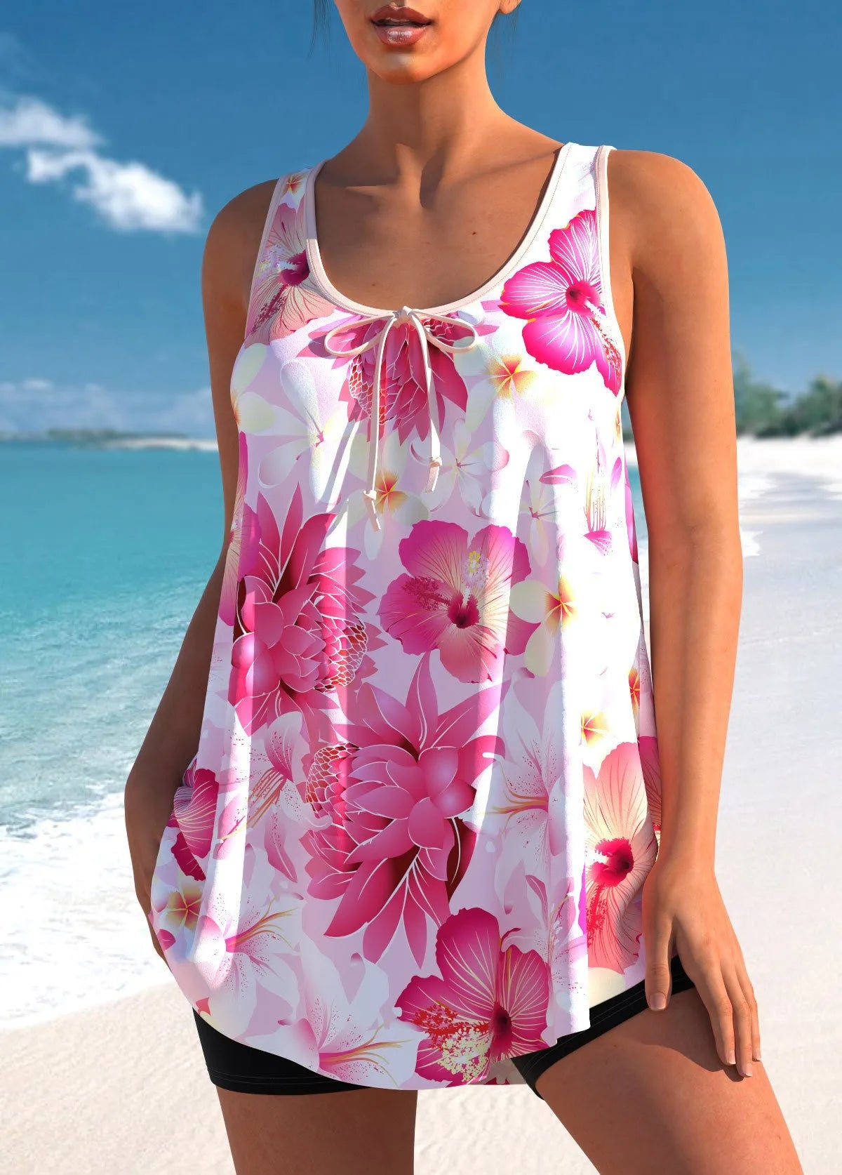 Pink printed tankini swimsuit with high-waist briefs for plus size women