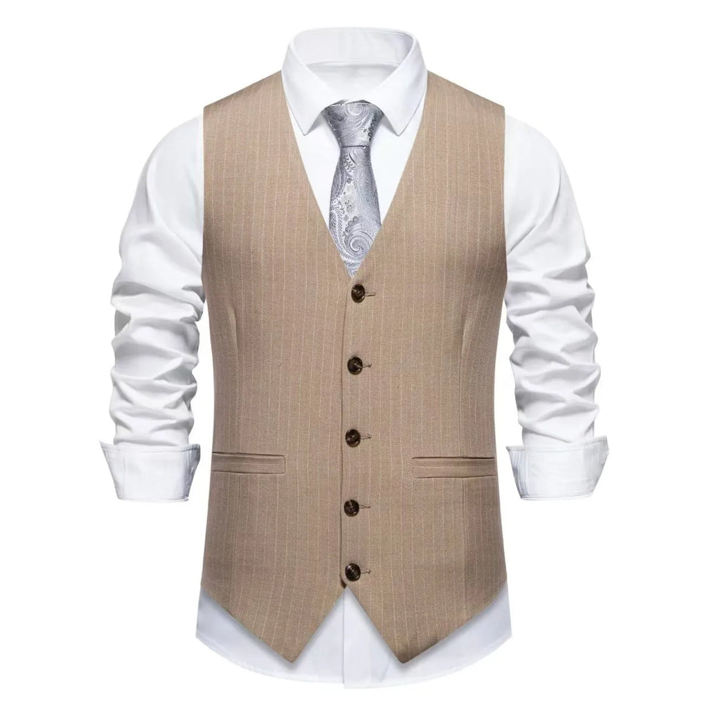Men's striped suit vest in polyester with non-ironing finish and miter bottom hem.