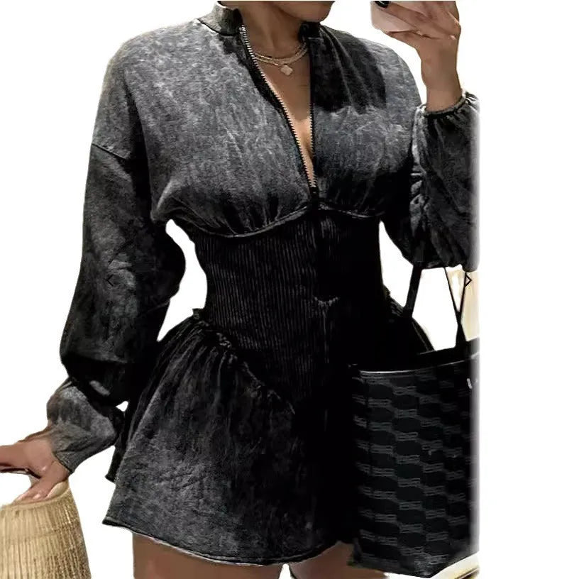 Grey women's slim-fit A-line dress with drawstring waist and digital printing collage stitching