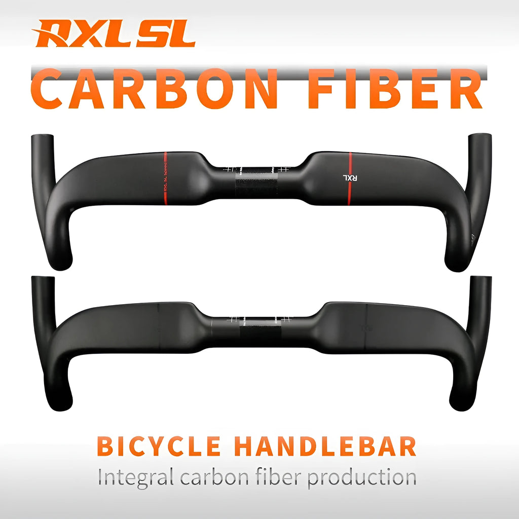 Carbon fibre road bike handlebar in red or black with double line pattern, shown in 400mm 420mm and 440mm widths.