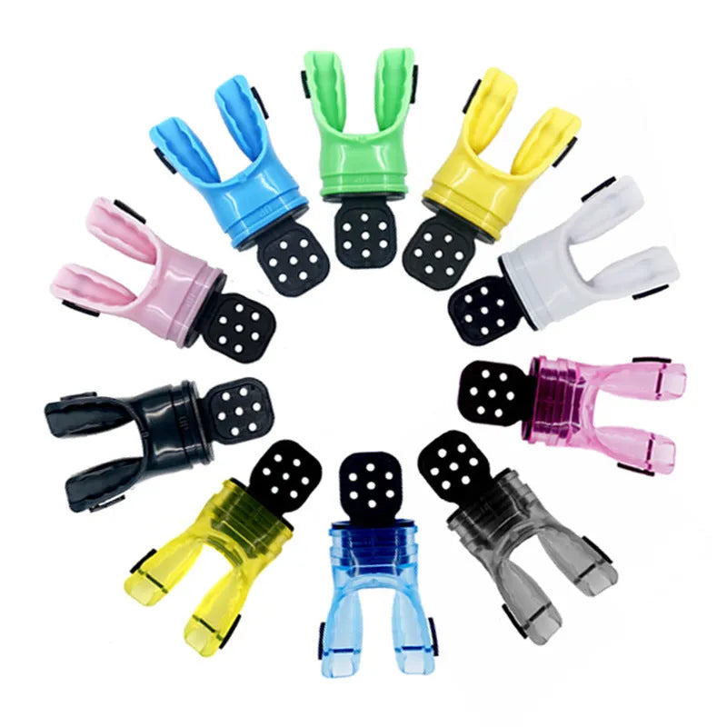 A plastic free edible silicone diving mouthpiece in various colours including black, blue, and pink, showing the 110mm length and bite piece.
