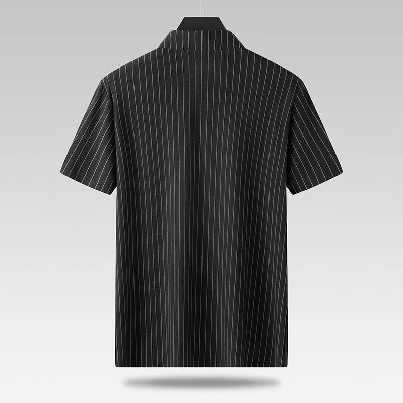 Man wearing a black plus-size striped square collar casual shirt with short sleeves.