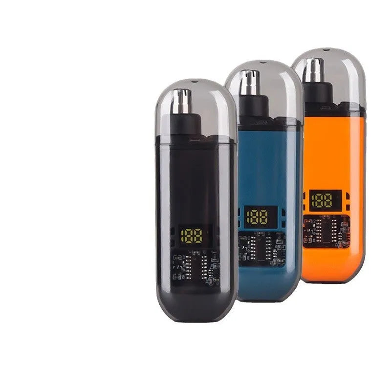 Rechargeable nose hair trimmer with digital display and removable cutter head.