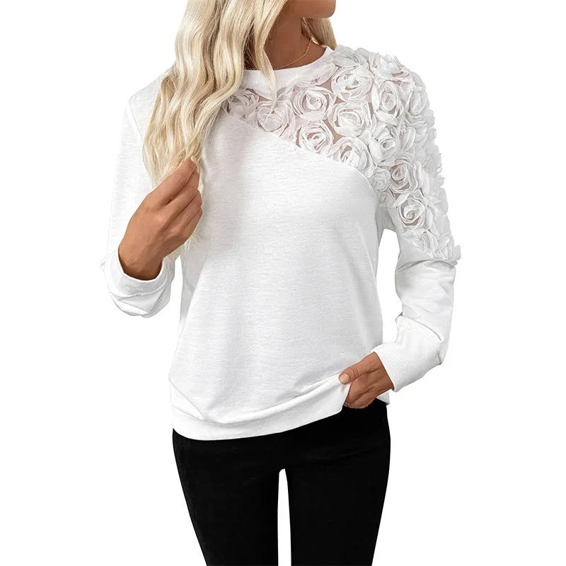 White floral print women's loose pullover top with long sleeves