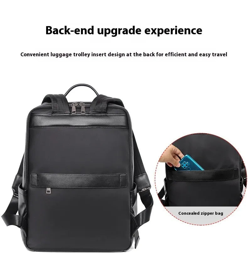 Large black genuine leather men's backpack with woven detail and a curved back panel.