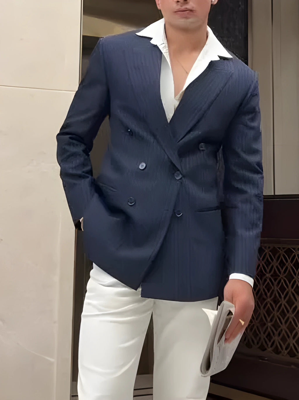 Men's striped double breasted blazer in polyester fabric with regular fit