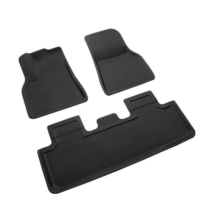 TPR material floor mats for Tesla Model Y, showing foot mats, storage box mats, and tailbox mats.