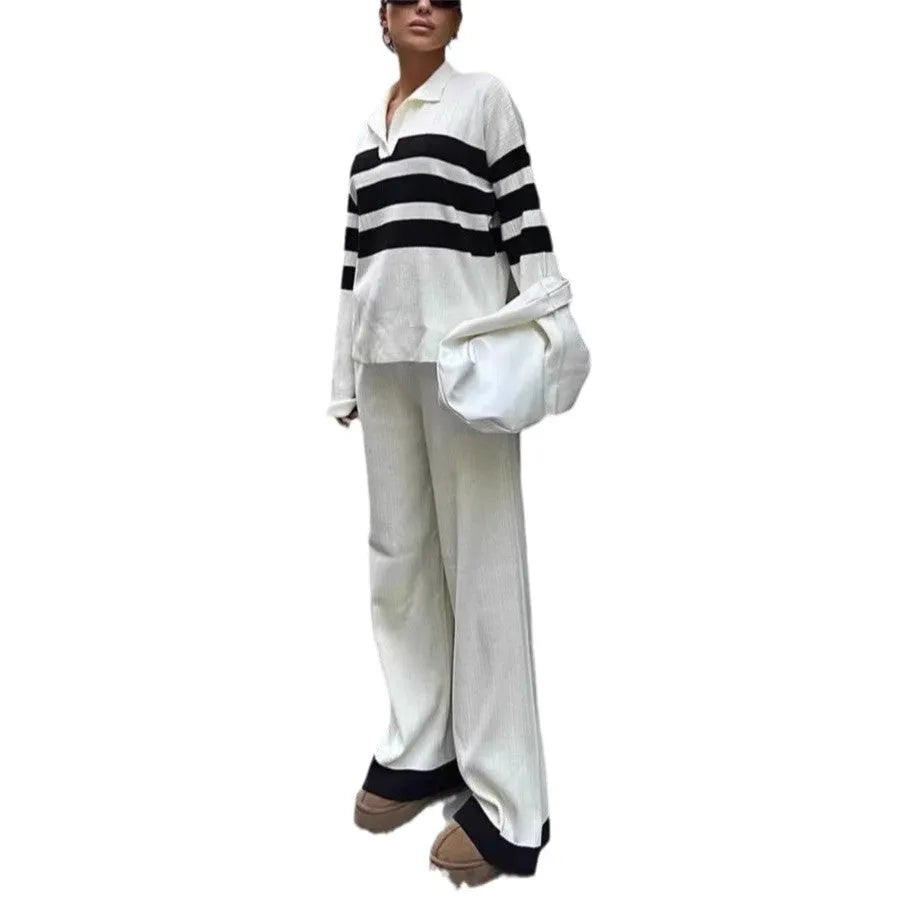 Women's black and white striped polo collar knitted two-piece set with trousers