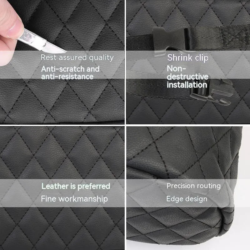 Black leather car hanging storage bag with 25cm dimensions shown installed on vehicle headrest