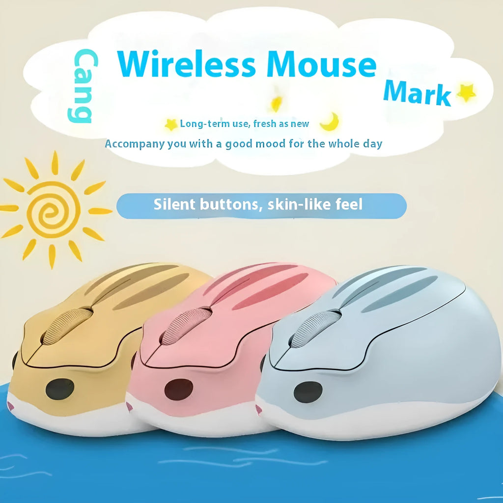 Hamster wireless mute mouse in grey, pink, and yellow colours showing compact design