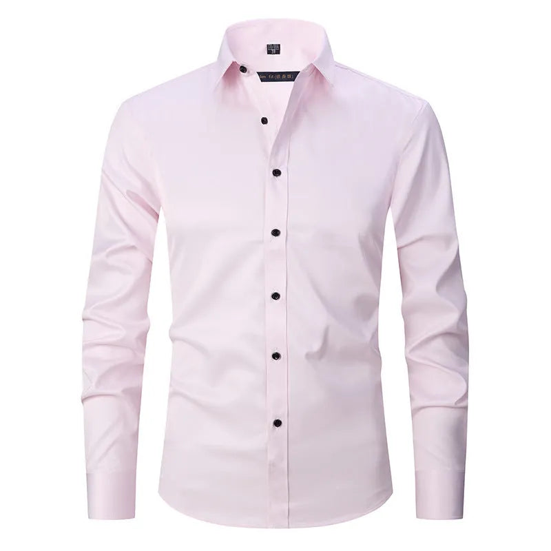 Men's stretch long sleeve work shirt in polyester, showing colour options and size range up to 3XL.