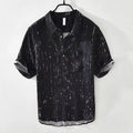 Men's loose-fit short-sleeved polo shirt in white, showing cardigan style and thin fabric.