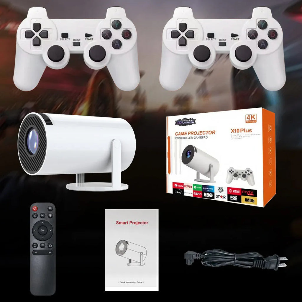 White Barrel X10 PLUS portable smart projector with gamepad and remote control on table