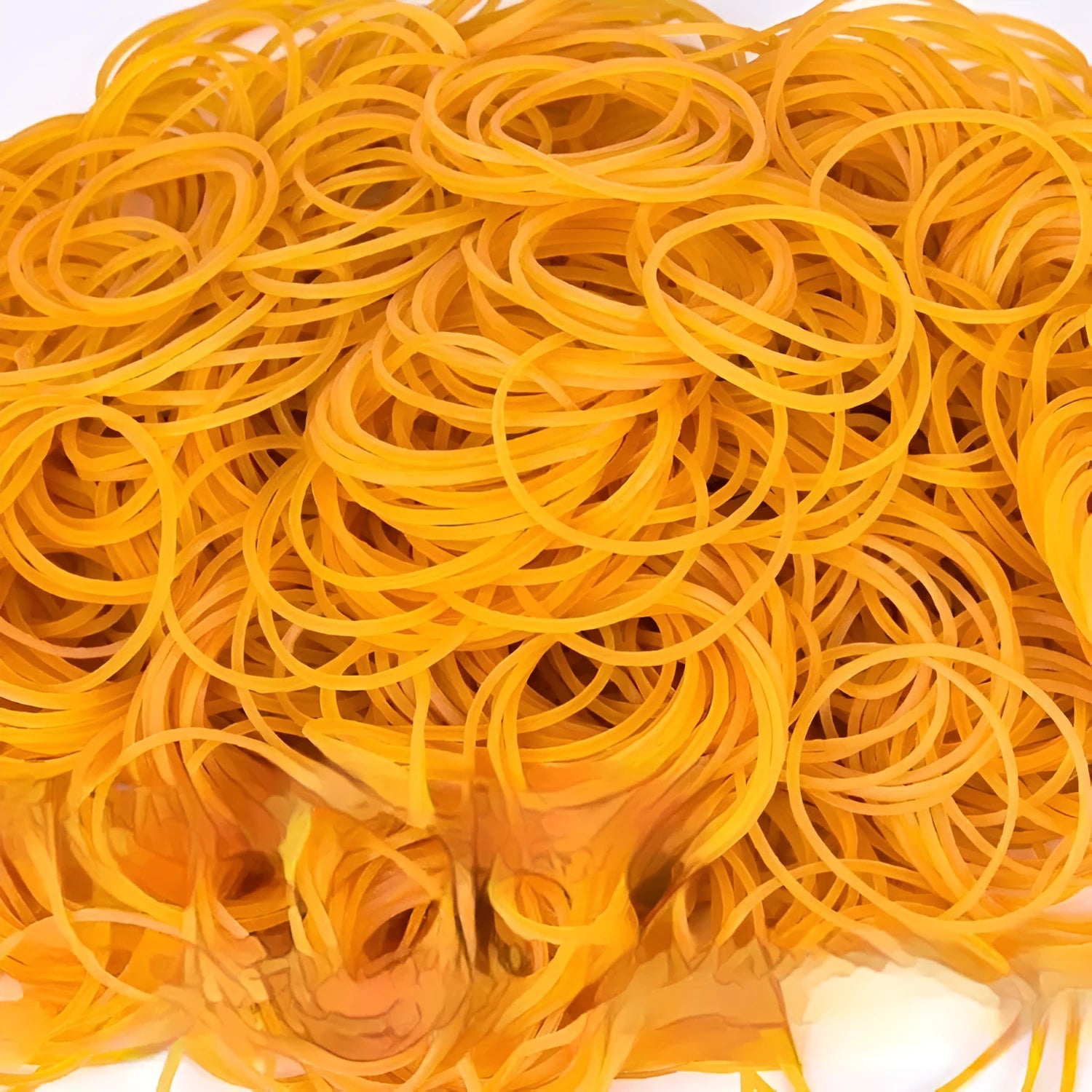 500g bag of yellow rubber bands in multiple sizes from 16mm to 70mm diameter.