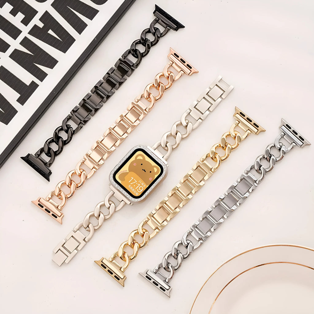 Denim chain metal watch strap for Apple Watch in silver, black, gold, rose gold, and starlight colour options