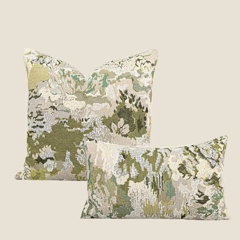 Antique green French-style abstract floral print on a wool blend decorative pillowcase.
