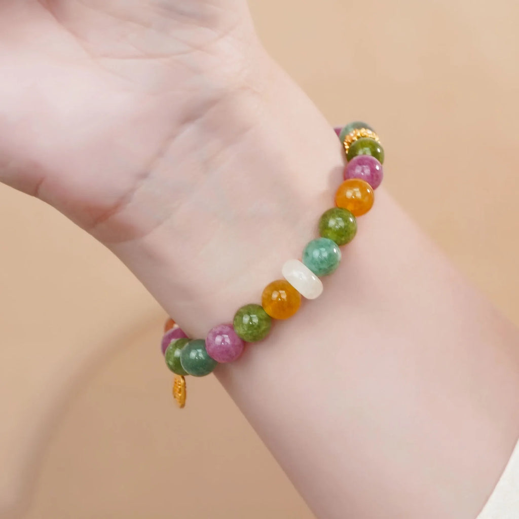 Natural tourmaline rainbow coloured half bracelet for women with electroplated finish.
