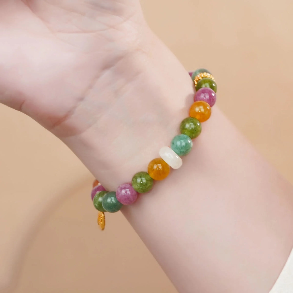 Natural tourmaline rainbow coloured half bracelet for women with electroplated finish.