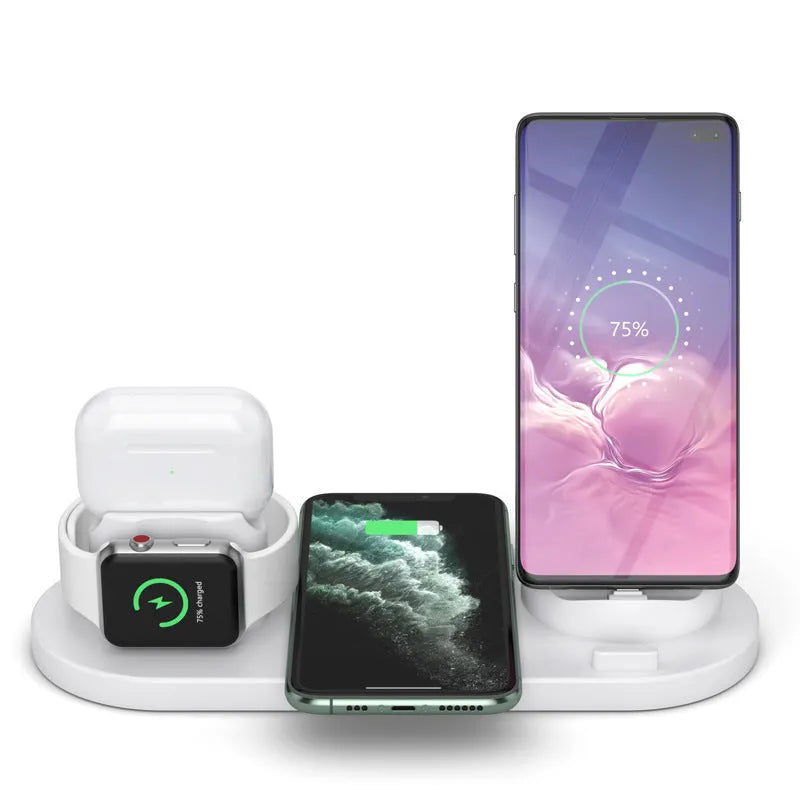 Black and white 6-in-1 wireless charging phone holder with AirPods and iWatch charging areas