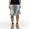 Light blue retro washed men's baggy denim shorts with wide-leg design and mid-waist fit