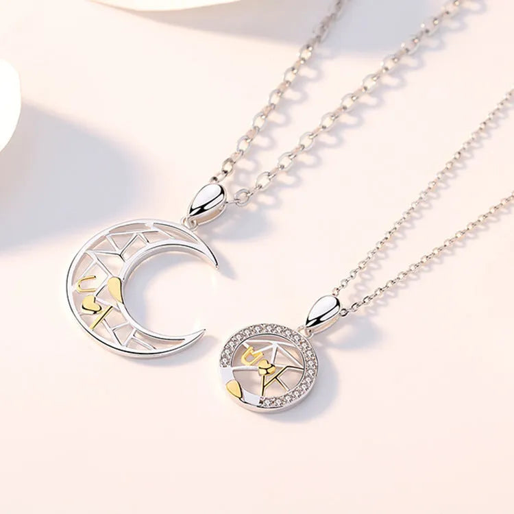 Sun and moon couple necklace set with electroplated copper pendants on cross chain