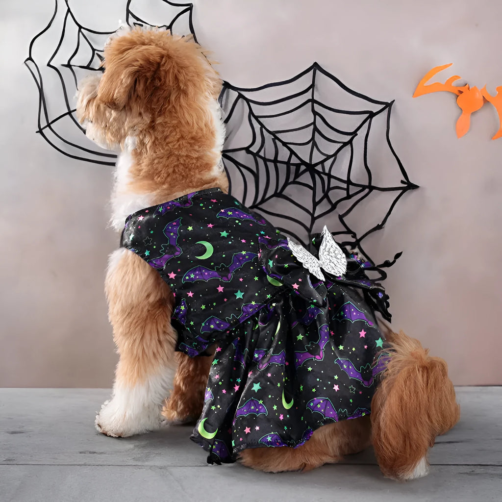 Angel wings Halloween dog costume in bright pumpkin orange and bat print polyester fabric