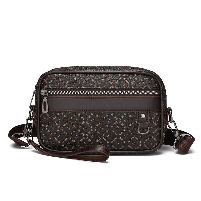 Men's black geometric pattern PU leather messenger bag with horizontal design and large capacity