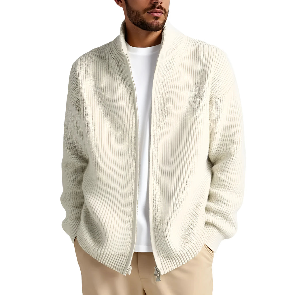 Loose men's cardigan sweater coat in chemical fiber blend available in milky white gray black navy blue and gray green for casual leisure wear