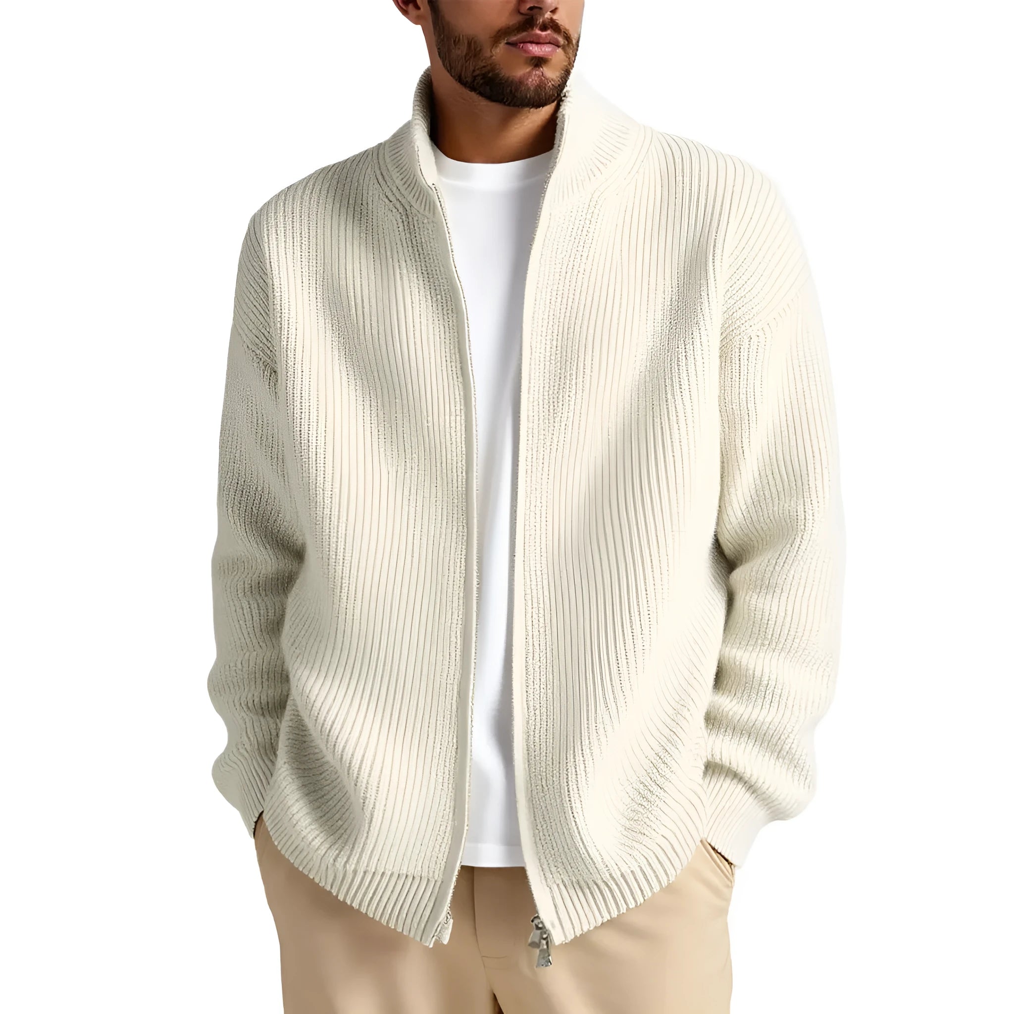 Loose men's cardigan sweater coat in chemical fiber blend available in milky white gray black navy blue and gray green for casual leisure wear